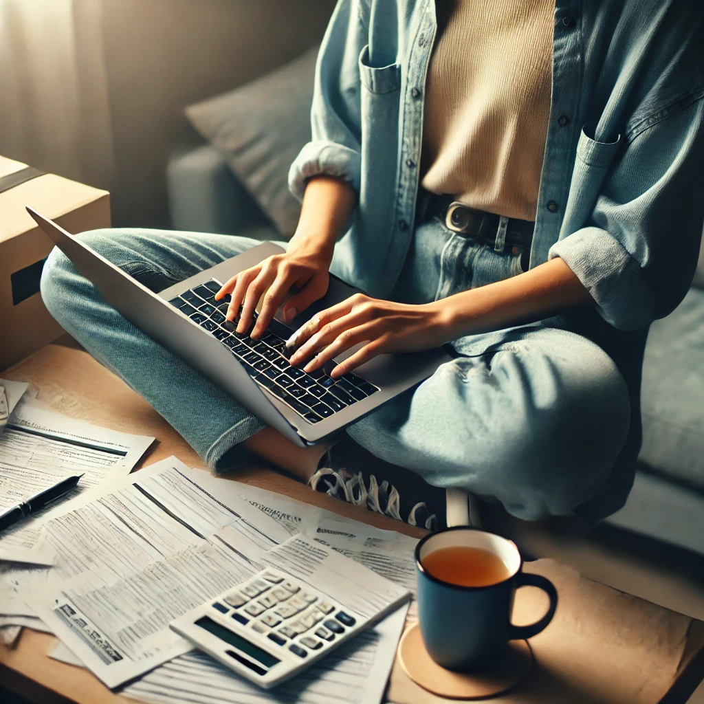 Young person casually dressed, confidently filing taxes on a laptop or smartphone