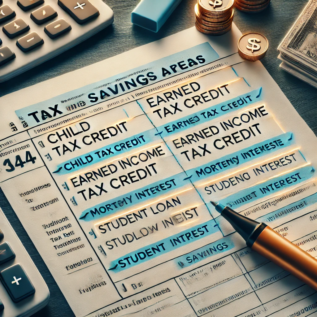 Tax return with highlighted savings areas. The document is laid out on a desk with annotations pointing to areas.