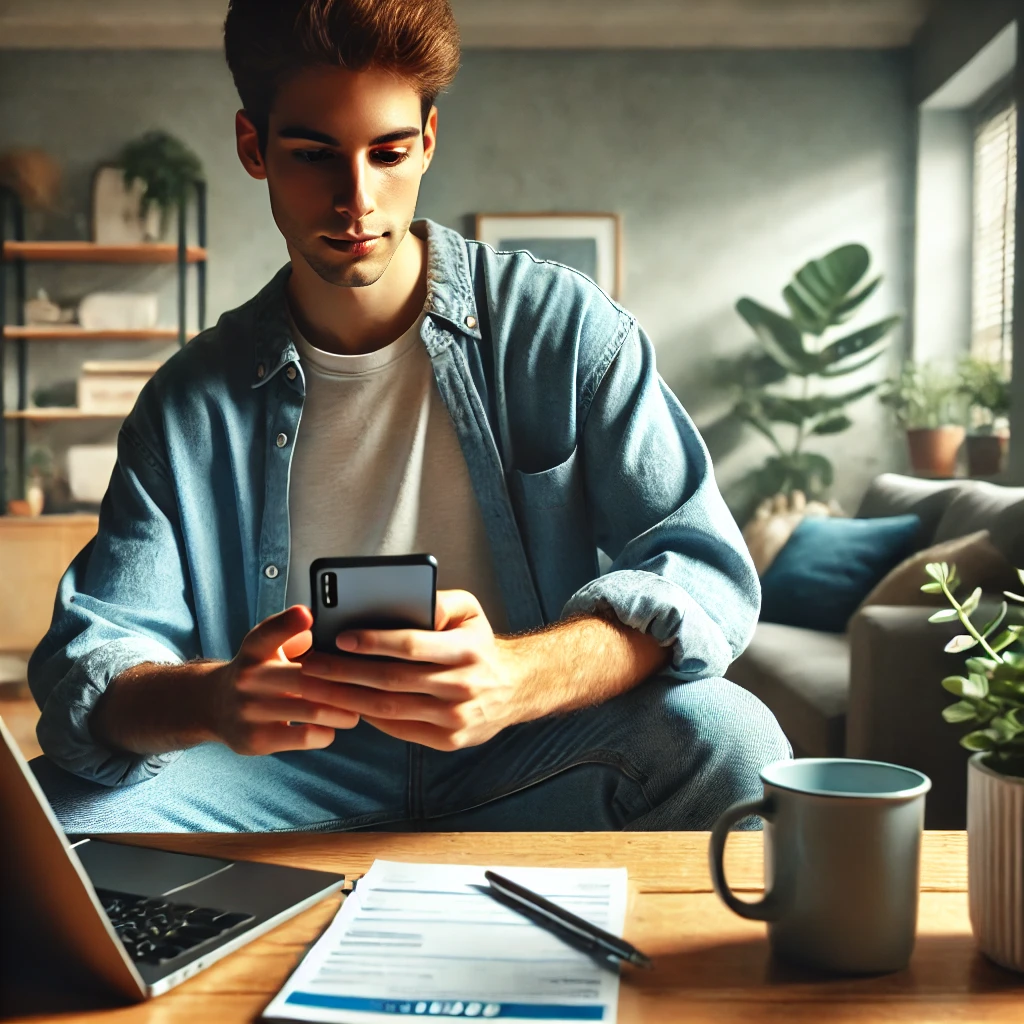 Young person casually dressed, checking their tax refund status on a smartphone or laptop. The individual looks calm and confident, seated in a cozy