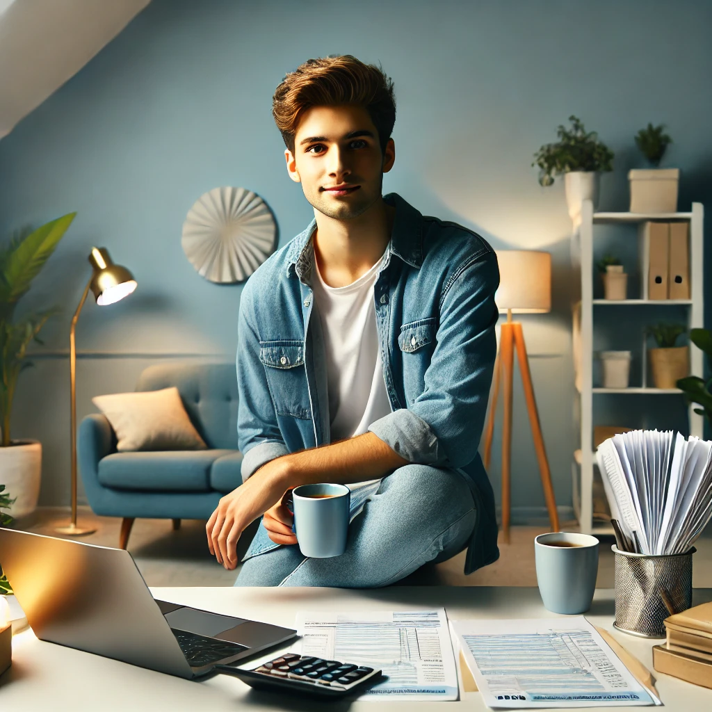 Young person, casually dressed, looking confident and satisfied after filing taxes. The individual is seated at a tidy desk with a laptop, organized