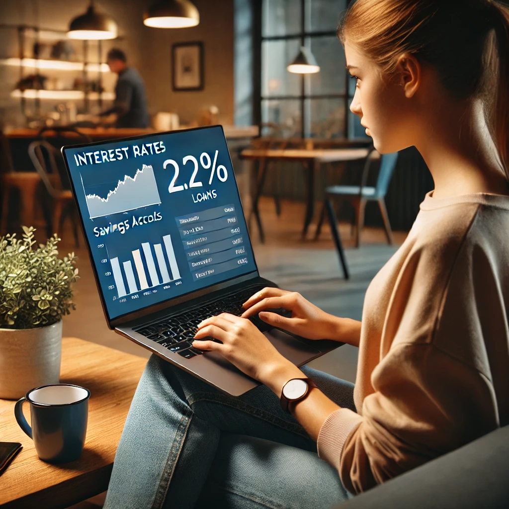 Young person casually dressed, sitting at a desk comparing interest rate options on a laptop or tablet. The screen displays graphs and percentage