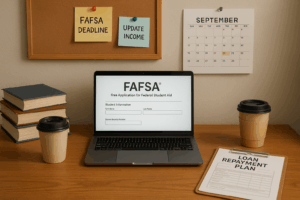 A realistic, well-lit college dorm desk scene. An open laptop displays a FAFSA form, alongside a stack of textbooks, a reusable coffee cup, and a clipboard labeled “Loan Repayment Plan.” In the background, a corkboard shows pinned reminders: “FAFSA Deadline,” “Update Income,” and “Interest Resumed.” A calendar on the wall shows the month of September with a few highlighted dates.