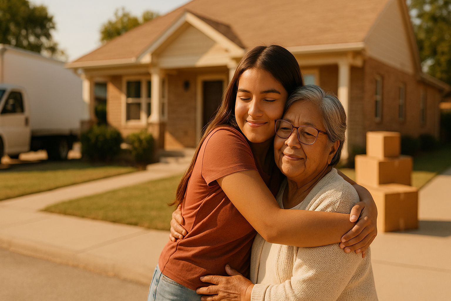 A young Latina girl embracing her abuelita in front of a new home, with moving boxes and a truck in the background, celebrating a family milestone.