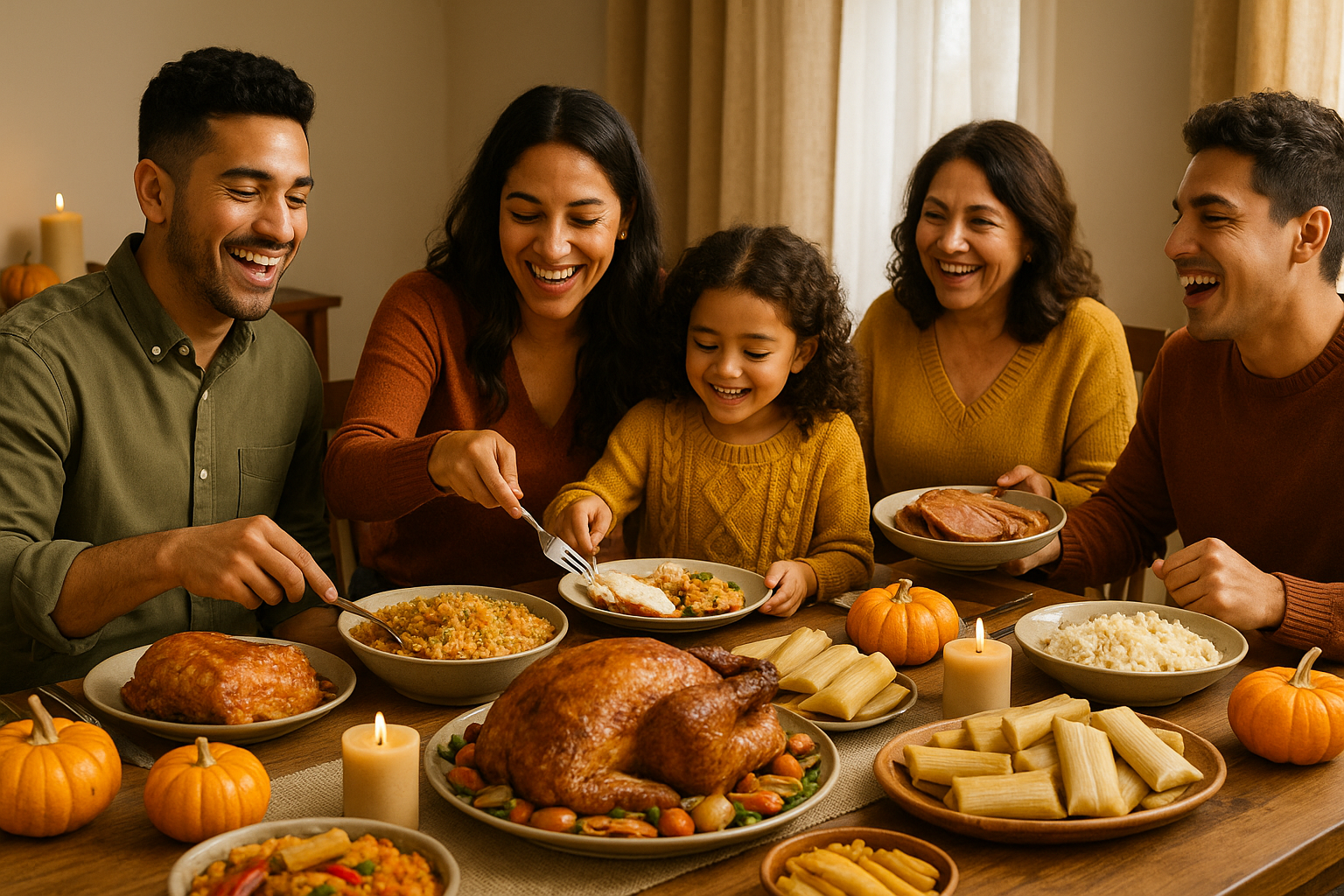 Latino family gathered around a Thanksgiving table with turkey, pernil, tamales, arroz con gandules, and candles, smiling and enjoying a warm holiday meal together.