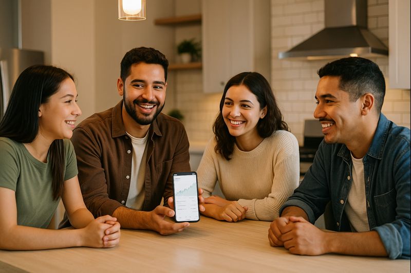 Young Latino adults gathered in a modern apartment kitchen discussing personal finance while one shows an investment app on a smartphone.
