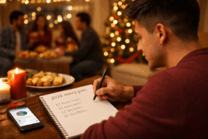 Young Latino adult writing financial goals while a holiday gathering glows in the background.