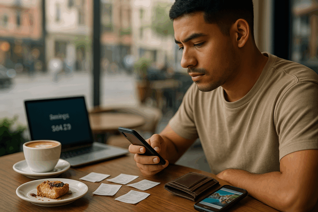 Young Latino person at a café table with an open wallet, receipts, and a phone showing travel plans, quietly rethinking their spending.