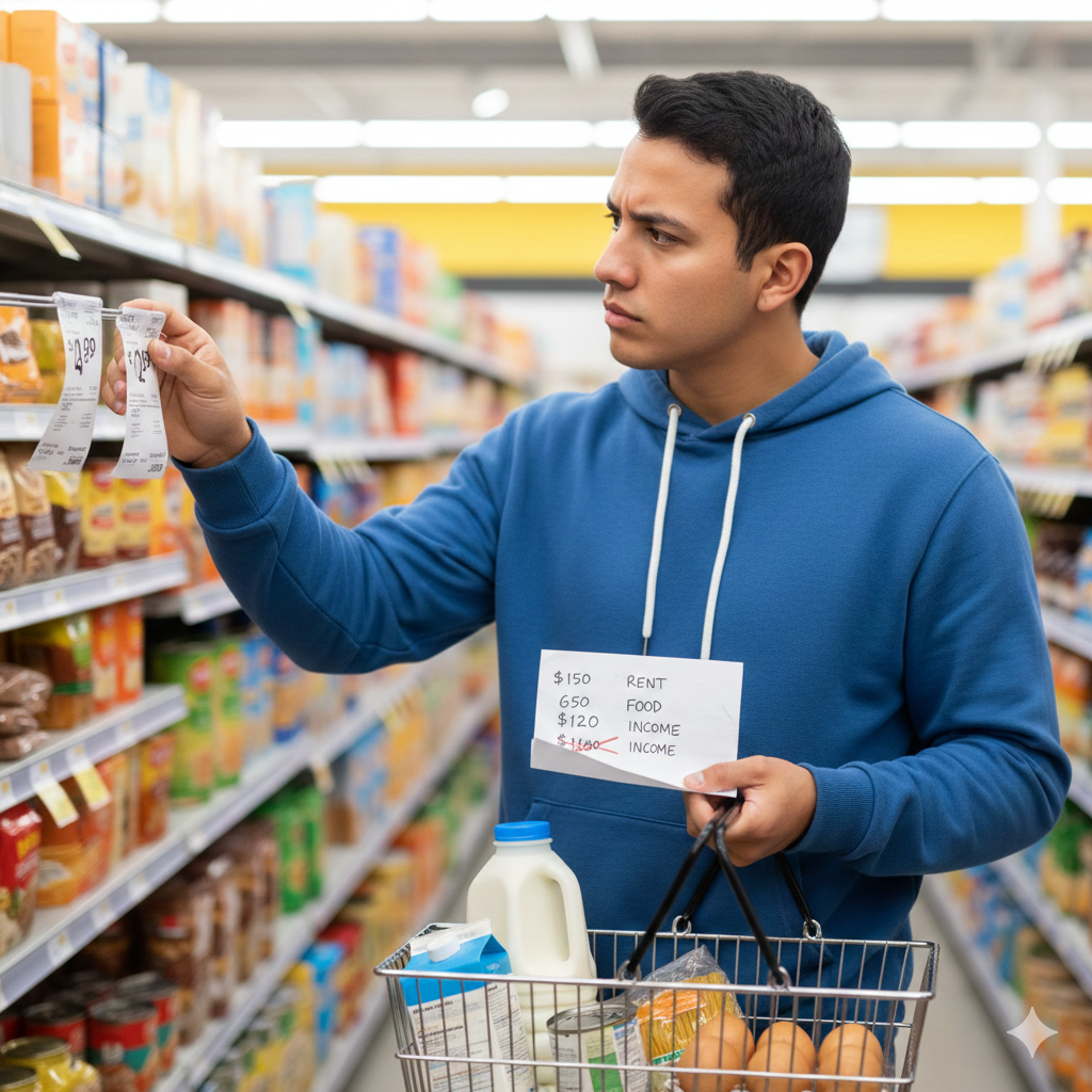 Young Latino adult in a grocery store aisle comparing food prices while holding a handwritten budget, looking concerned about the high cost of essential goods.