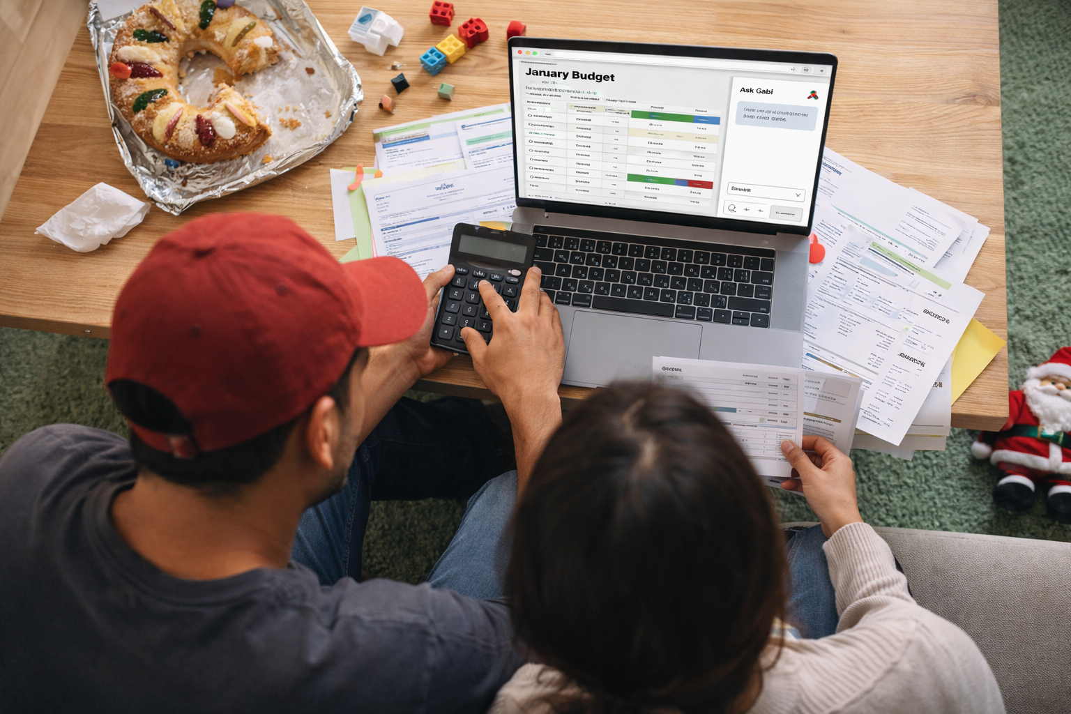 Overhead view of a Latino couple reviewing their January budget at home, with bills, a calculator, and leftover holiday food on the table, symbolizing post-holiday financial planning.