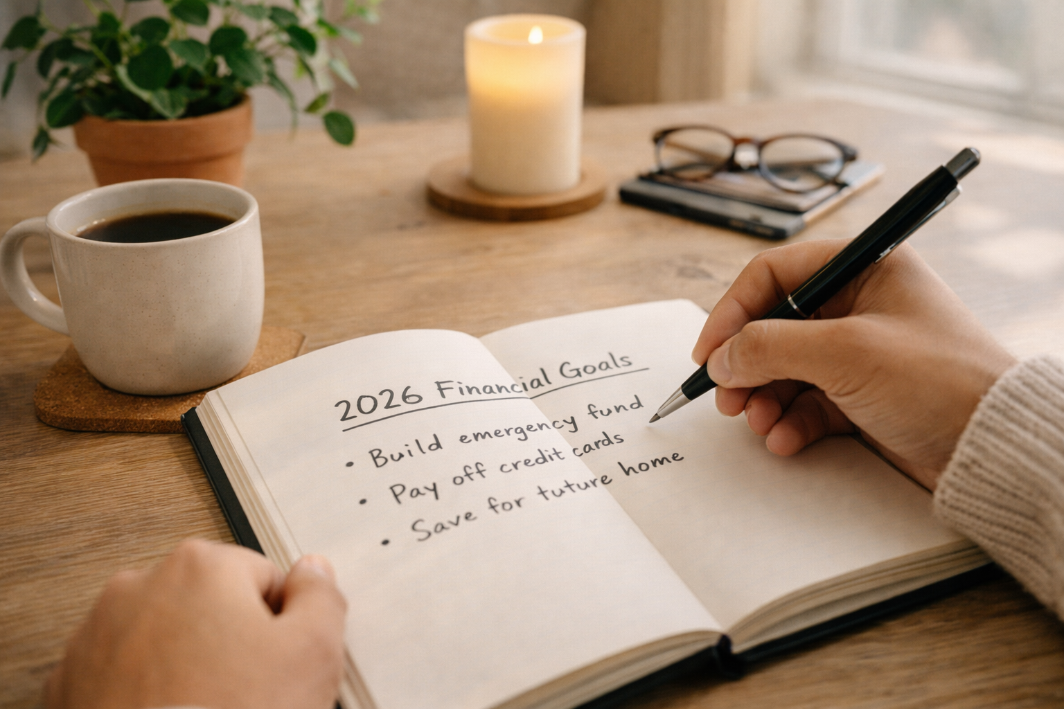 Person writing 2026 financial goals in a notebook during a calm, organized planning moment.